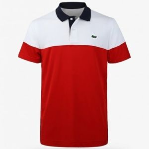 LACOSTE Men’s Ultra Dry Technical Sport Polo ~ Blue-Red-White ~ Size Large